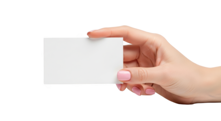 Woman's hand holding a blank white business card with pink painted fingernails isolated on a transparent background