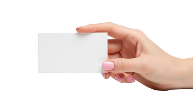 Woman's hand holding a blank white business card with pink painted fingernails isolated on a transparent background
