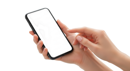 Woman's hands holding a smartphone with a white screen displaying abstract shapes isolated on a transparent background