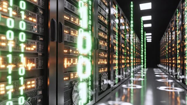 Server room with data flow visualization, illuminated panels, and binary code strings in the air