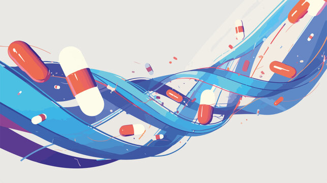 Ilustraci&oacute;n vectorial de c&aacute;psulas y pastillas flotando en un dise&ntilde;o abstracto de ondas fluidas azules y blancas.