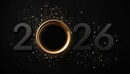 Elegant 2026 New Year celebration with sparkling confetti and luxurious gold accents on a sophisticated dark background