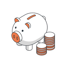 An isometric financial savings icon featuring a charming piggy bank and stacks of coins, perfect for illustrating investment and wealth management concepts