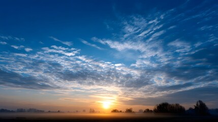 Obraz premium A serene misty landscape bathed in the golden light of sunrise or sunset with a deep blue sky and wispy clouds