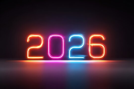 Bold 3D "2026" in vibrant neon colors, resting on a smooth, light background, designed with space for custom text underneath