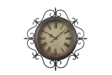 Antique oval wall clock with ornate metal frame isolated on transparent background