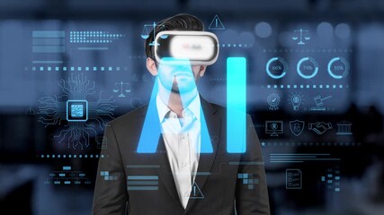 A businessman explores a virtual reality environment showcasing a futuristic AI interface filled with digital analytics and legal symbols, representing a blend of technology and innovation. Raster - Powered by Adobe
