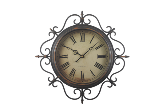 Antique oval wall clock with ornate metal frame isolated on transparent background