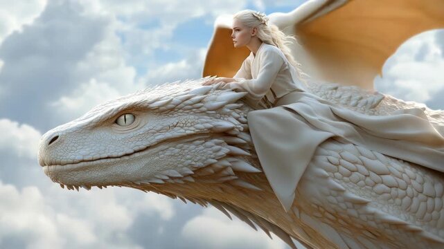 Gorgeous blonde queen with flowing hair atop a majestic white dragon, soaring through cloud streaked sky in a magical fantasy scene of courage, freedom and epic adventure
