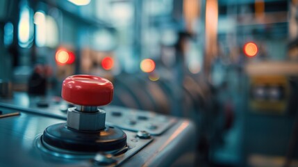 Close-up of a red emergency stop button on a control panel in an industrial setting. Blurred machinery and lights in the background create a technical atmosphere.