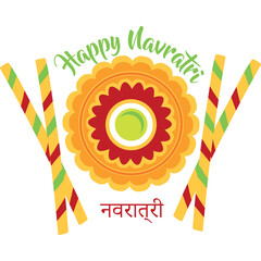 Happy Navratri Greeting With Traditional Indian Dandiya Sticks And Festive Floral Motif In Green Yellow Red And Orange Colors And Hindi Text Below