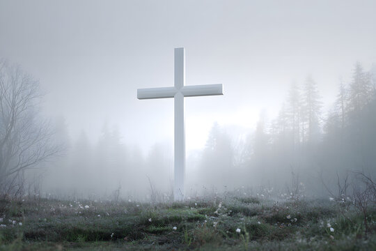 simple white cross silhouette in soft fog creating a minimal serene religious condolence design