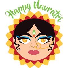 Happy Navratri Indian Woman Face with Traditional Jewelry and Festive Sunburst Background with Green Text Overlay