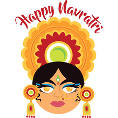 Happy Navratri Indian Goddess Face With Traditional Decorative Elements and Festive Aura In Red Yellow Orange And Green Colors And Transparent Background