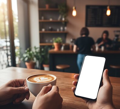 Close-Up of Hands Holding Smartphone with Blank White Screen and Coffee Cup with Heart Latte Art Inside a Warm, Cozy Coffee Shop for Mockup and Lifestyle Apps