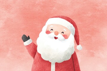 watercolor illustration of Santa Claus waving happily with rosy cheeks, pastel red background, kawaii Christmas card 
