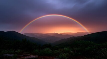 A vibrant rainbow arches across a dramatic colorful sky over layered mountain peaks at dusk