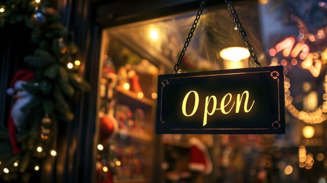 A glowing 'Open' sign hangs in a festive shop window decorated with Christmas lights and ornaments. The atmosphere is warm and inviting, perfect for holiday shopping.
