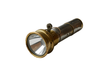 Vintage brass flashlight isolated on transparent background