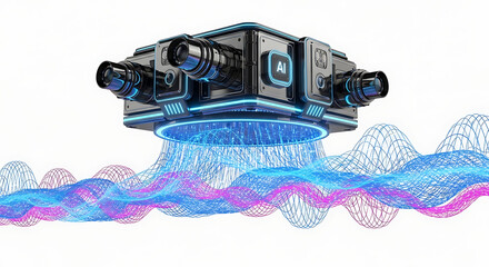 Futuristic drone-like device emitting waves of energy, isolated on white background.