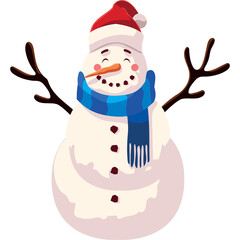 Happy Snowman Wearing Red Santa Hat Blue Scarf and Carrot Nose Standing with Stick Arms on Transparent Background Winter Season Fun