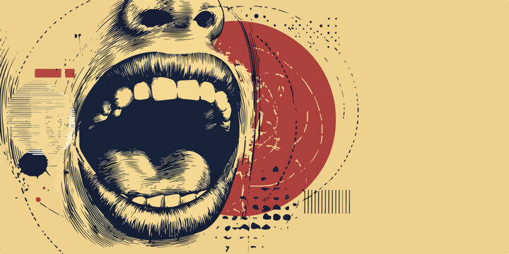 Boca abierta gritando con elementos gr&aacute;ficos abstractos y un c&iacute;rculo rojo sobre fondo beige.