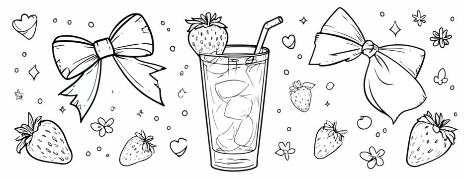 Ilustraci&oacute;n vectorial de un refrescante vaso de fresa con hielo, adornado con lazos y corazones brillantes.