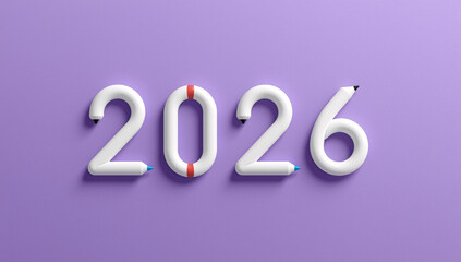 Creative 2026 year numbers designed as markers and pencils on a vibrant purple background, perfect for New Year planning and artistic projects.