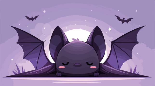 Murci&eacute;lago adorable y lindo durmiendo bajo la luna llena en un cielo morado con nubes y estrellas.