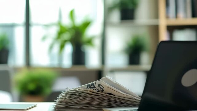 A cluttered desk displays a large stack of newspapers beside a sleek laptop. The workspace, featuring greenery in the background, illustrates the coexistence of print and digital news.