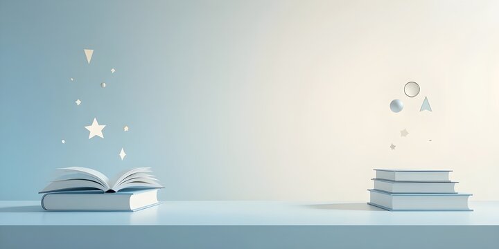 Open book with whimsical floating shapes and stars ignites imagination and learning possibilities