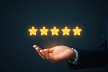Hand holding glowing five stars, representing customer satisfaction and quality service in business. Concept of ratings, feedback, and excellence in performance.