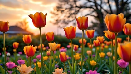Fototapeta premium Spring Garden with Tulips Sunset Impressionist Style