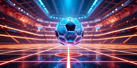 Futuristic glowing soccer ball suspends center stadium with vibrant neon light energy