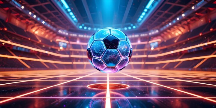 Futuristic glowing soccer ball suspends center stadium with vibrant neon light energy