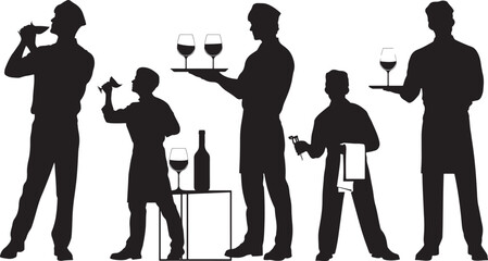 Obraz premium Silhouettes of Waiters Serving Wine and Tasting at a Restaurant