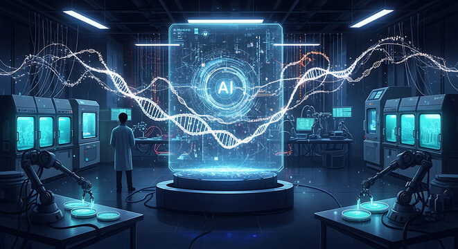 A researcher observes an AI core within a futuristic laboratory setting.