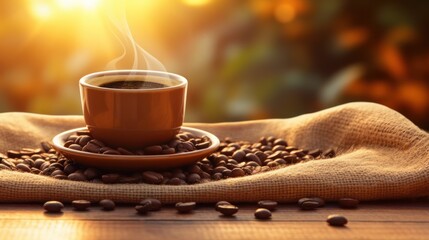 a cup of steaming coffee on a bed of roasted coffee beans, warm afternoon light, cozy atmosphere, detailed, highly realistic, digital painting, photorealistic, 4k
