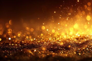 Opulent gold and black backdrop with sparkling glitter, illuminated by warm, diffused lights, creating a glamorous and inviting mood