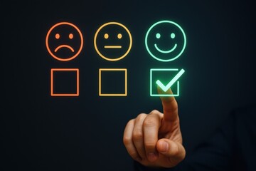 User selecting positive feedback option with glowing icons representing emotions, highlighting importance of customer satisfaction and engagement. Concept of feedback, technology, and interaction.