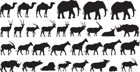 Fototapeta premium Collection of African Wildlife Silhouettes: Elephants, Rhinos, Camels, and Antelopes