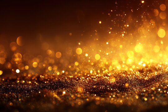 Opulent gold and black backdrop with sparkling glitter, illuminated by warm, diffused lights, creating a glamorous and inviting mood