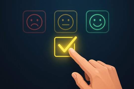 Hand selecting a positive feedback option in a digital survey interface, symbolizing user satisfaction and engagement in feedback systems.