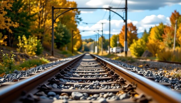 Closeup Modern Railway Tracks with Autumn Foliage - Powered by Adobe