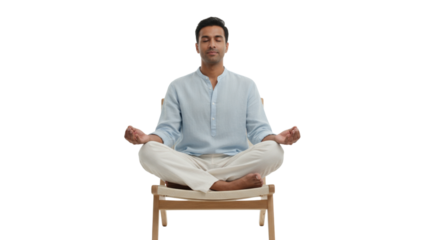 Man meditating seated on a chair on white background
