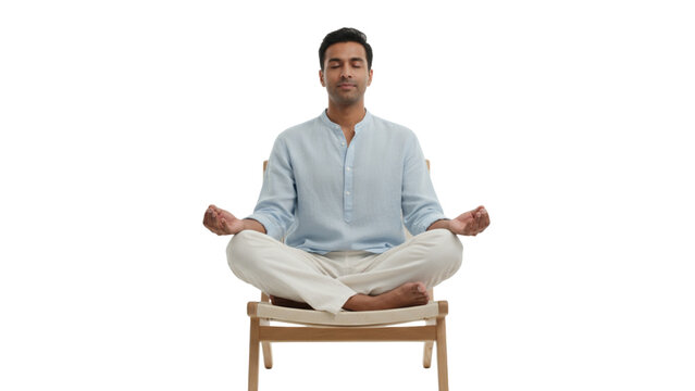 Man meditating seated on a chair on white background