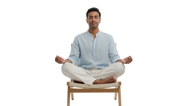Man meditating seated on a chair on white background