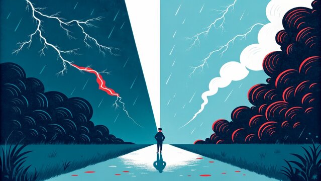 Contrast of light and darkness in a stormy landscape with a figure standing between