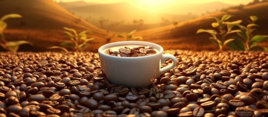 coffee cup, steaming hot coffee, roasted coffee beans, golden sunset, dramatic lighting, rustic, cozy atmosphere, cinematic, photorealistic
