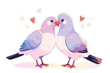 Obraz premium Two cute kawaii pigeons express love as they face each other, surrounded by playful hearts isolated on white. colorful design captures lighthearted and romantic scene ideal for celebrating love